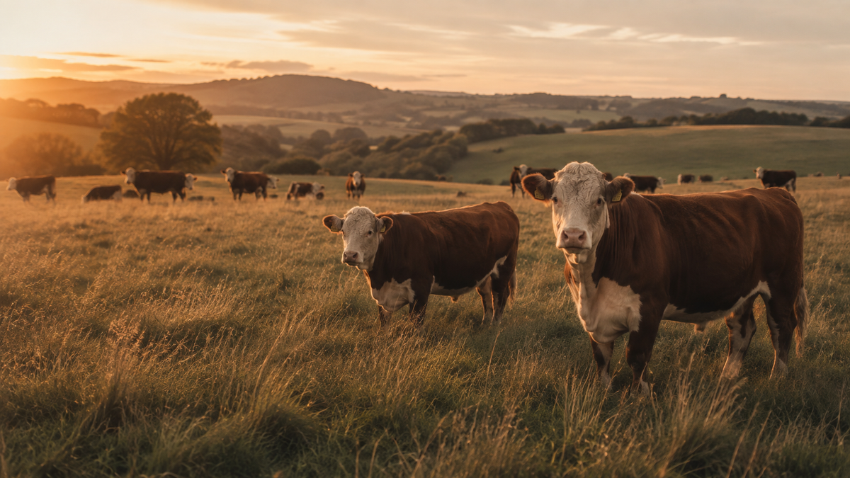 Hereford beef cattle grazing in British pasture at golden hour